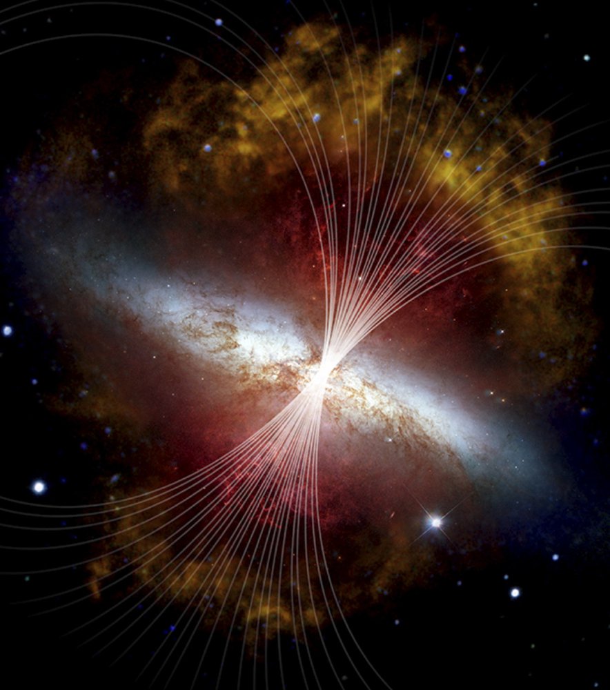 Magnetic field streamlines in the outflow of M82